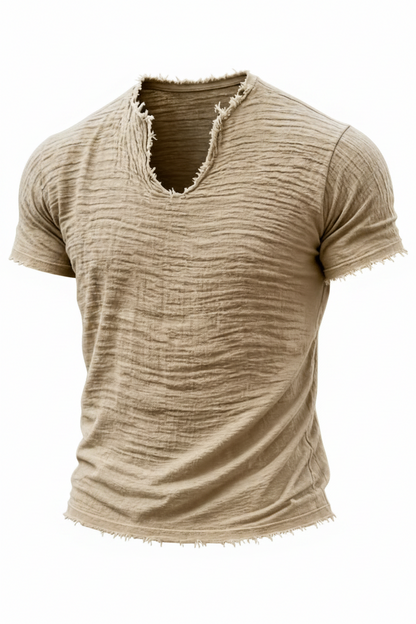 Retro Cotton-Linen T-Shirt With Feathered Hem And A Distinctive V-Neck Short Sleeves