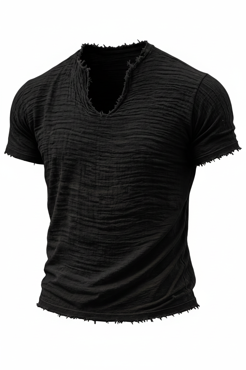 Retro Cotton-Linen T-Shirt With Feathered Hem And A Distinctive V-Neck Short Sleeves