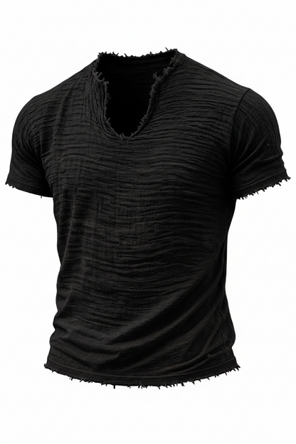 Retro Cotton-Linen T-Shirt With Feathered Hem And A Distinctive V-Neck Short Sleeves
