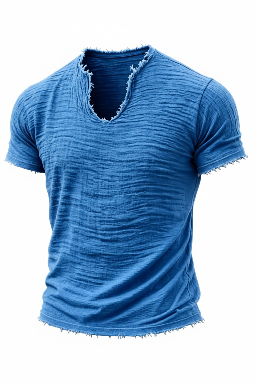 Retro Cotton-Linen T-Shirt With Feathered Hem And A Distinctive V-Neck Short Sleeves