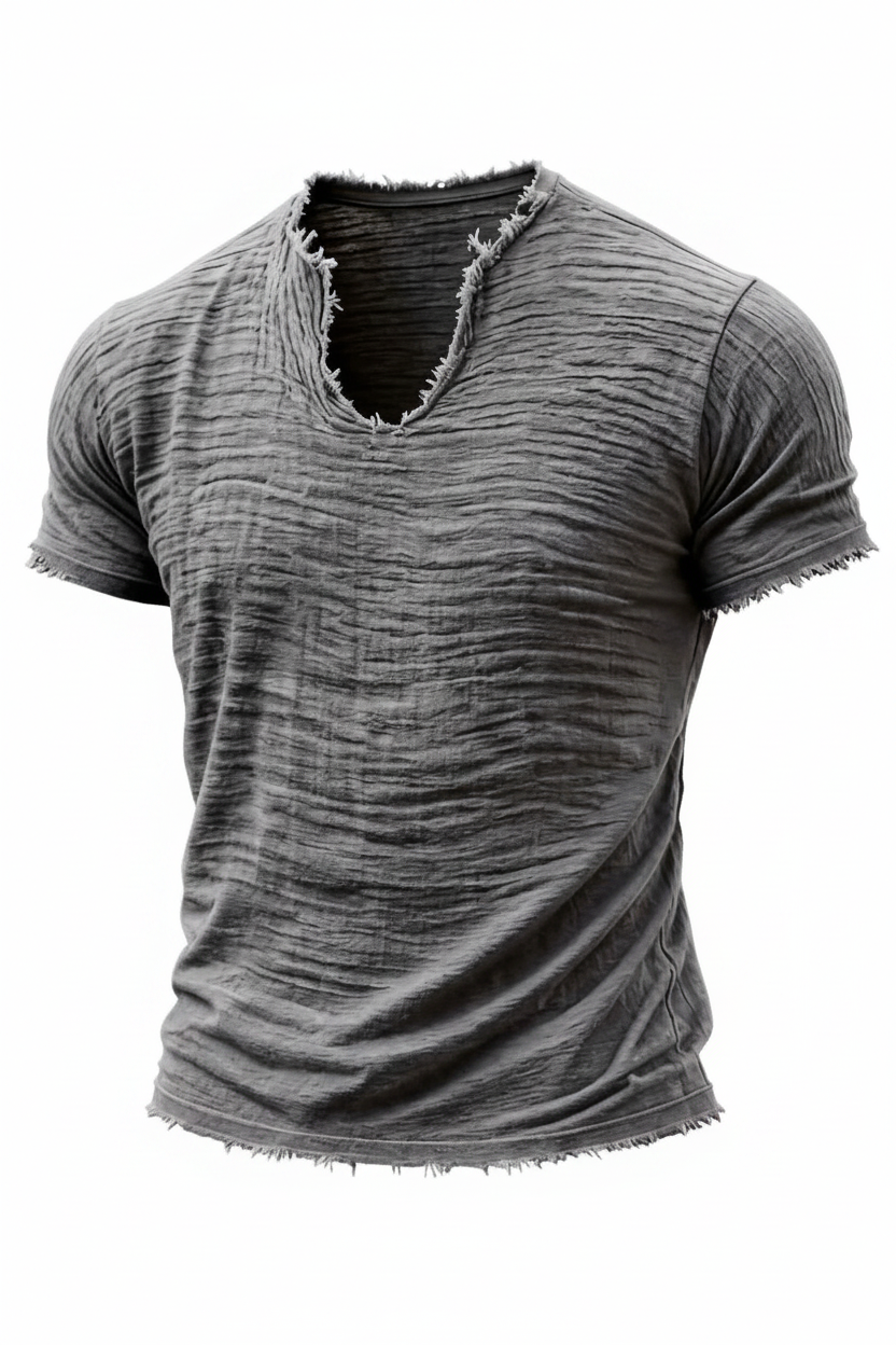 Retro Cotton-Linen T-Shirt With Feathered Hem And A Distinctive V-Neck Short Sleeves