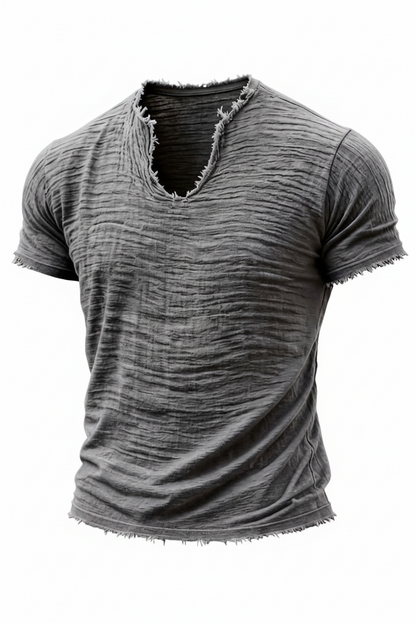 Retro Cotton-Linen T-Shirt With Feathered Hem And A Distinctive V-Neck Short Sleeves