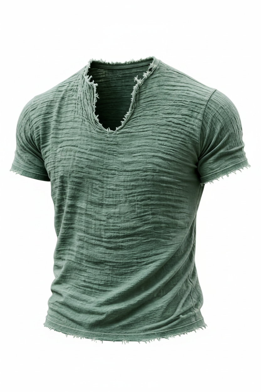 Retro Cotton-Linen T-Shirt With Feathered Hem And A Distinctive V-Neck Short Sleeves