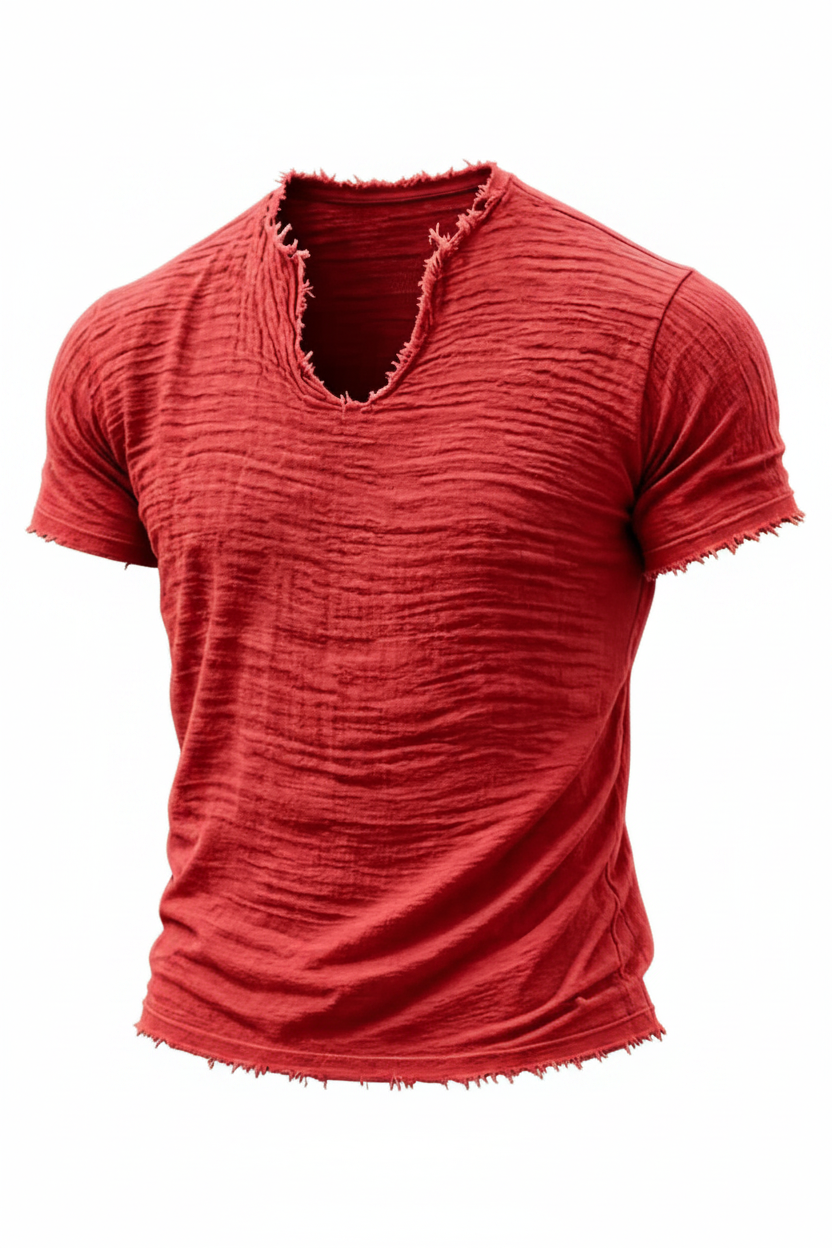 Retro Cotton-Linen T-Shirt With Feathered Hem And A Distinctive V-Neck Short Sleeves