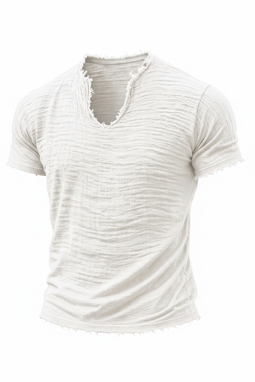Retro Cotton-Linen T-Shirt With Feathered Hem And A Distinctive V-Neck Short Sleeves