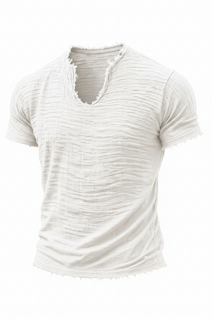Retro Cotton-Linen T-Shirt With Feathered Hem And A Distinctive V-Neck Short Sleeves
