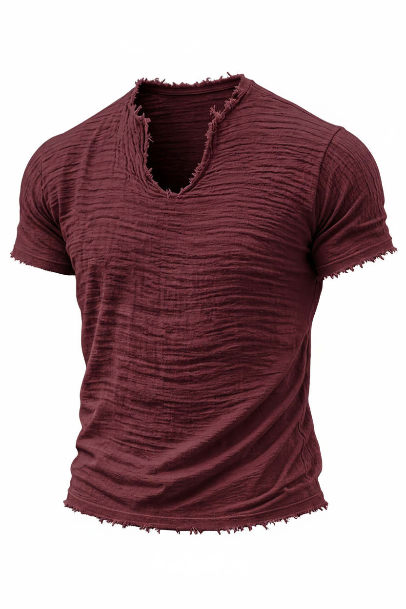Retro Cotton-Linen T-Shirt With Feathered Hem And A Distinctive V-Neck Short Sleeves