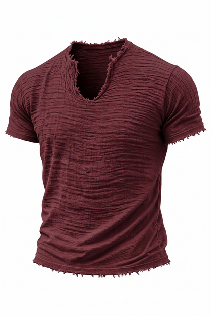 Retro Cotton-Linen T-Shirt With Feathered Hem And A Distinctive V-Neck Short Sleeves